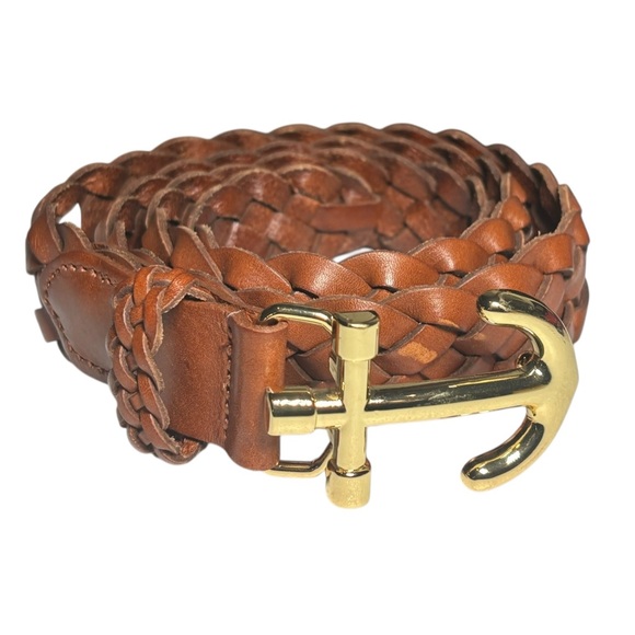New J. Crew Brown Leather Braided Belt Gold Anchor Buckle Nautical XS/S - Picture 1 of 5